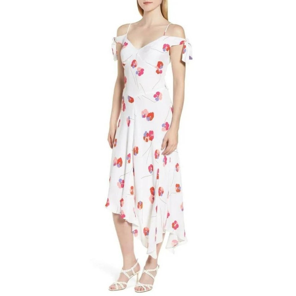 Lewit White Carla Floral Tie-Sleeve Asymmetrical Dress